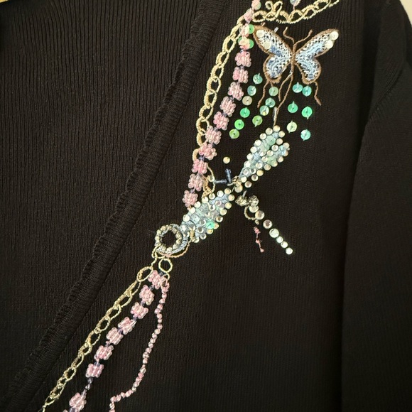 Vintage Black Cardigan Sweater Size XL Rhinestone Embroidered Dragonfly - Picture 14 of 17